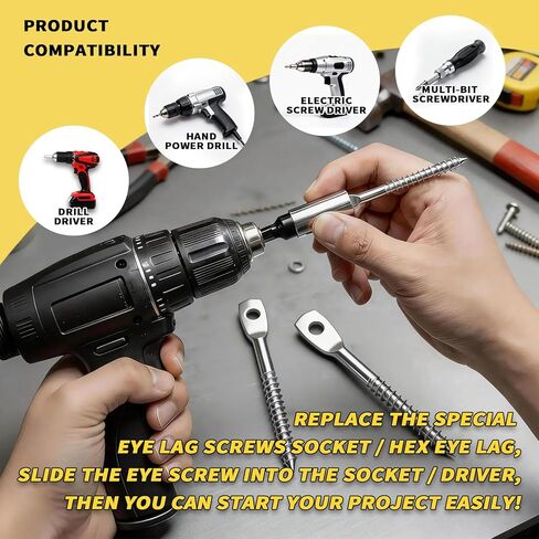 120 قطعة من البراغي الخشبية المطلية بالزنك مقاس 1/4 بوصة × 3 بوصة مع قطعة واحدة من مجموعة رؤوس السائق سريعة التثبيت مقاس 2-5/8 بوصة، ومراسي شديدة التحمل ومسامير العين لربط سلك الشماعة بروافد السقف للاستخدام الداخلي والخارجي in Kuwait