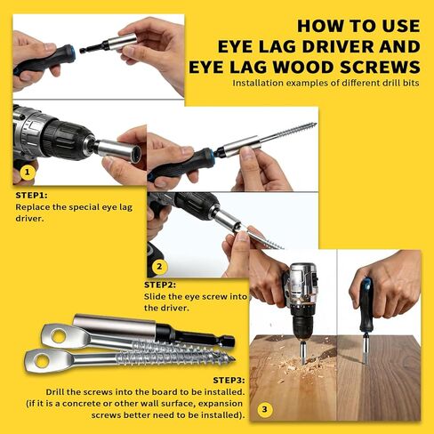 120 قطعة من البراغي الخشبية المطلية بالزنك مقاس 1/4 بوصة × 3 بوصة مع قطعة واحدة من مجموعة رؤوس السائق سريعة التثبيت مقاس 2-5/8 بوصة، ومراسي شديدة التحمل ومسامير العين لربط سلك الشماعة بروافد السقف للاستخدام الداخلي والخارجي in Kuwait