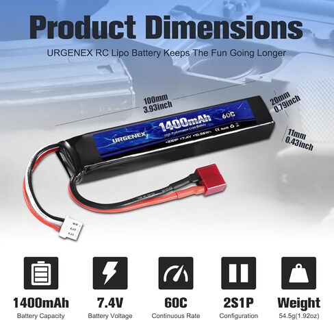 URGENEX Airsoft Battery 7.4V 1400mAh 60C High Discharge Rate Lipo Battery Pack with Dean-Style T Plug Rechargeable 2S Lipos for Airsoft Model Guns in Saudi Arabia