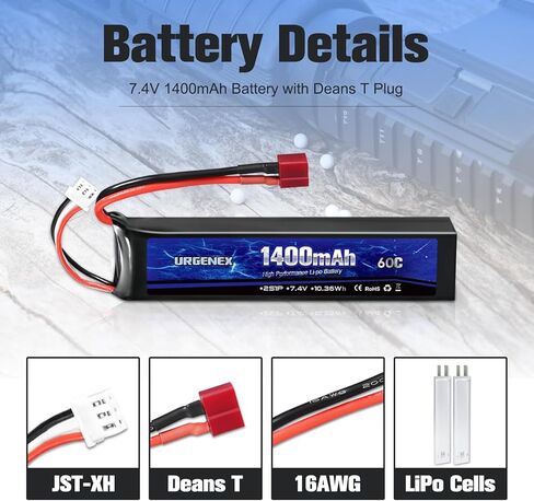 URGENEX Airsoft Battery 7.4V 1400mAh 60C High Discharge Rate Lipo Battery Pack with Dean-Style T Plug Rechargeable 2S Lipos for Airsoft Model Guns in Saudi Arabia