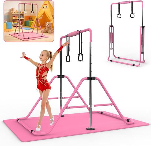 Gymnastics Bar for Kids with Mat, Foldable Adjustable Height Horizontal Bar, Anti-Wobble Steel Frame Junior Training Bar for Home Practice, 3-8 Years Old, 140 lbs Capacity in Saudi Arabia
