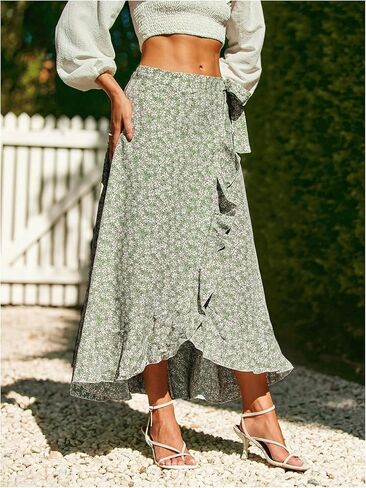 Oyoangle Women's Floral Print Chiperts Highs High Cherced Tie Side Skirt Flowy Long in Saudi Arabia