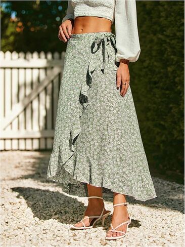 Oyoangle Women's Floral Print Chiperts Highs High Cherced Tie Side Skirt Flowy Long in Saudi Arabia