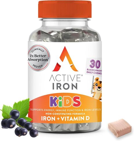 Active Iron Kids, 7mg Iron Supplements for Kids + Vitamin D, 30 Gentle Blackcurrant Chews, Non-Constipating, Highly Absorbed, Supplement for Energy Levels & Immune Support in Kuwait