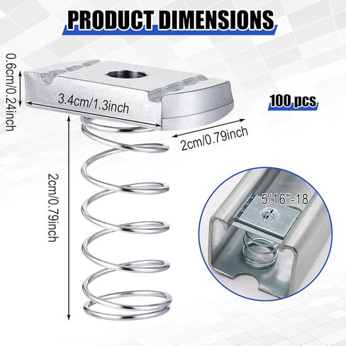 100 Pcs Strut Channel Nuts 5/16"-18 with Standard Spring, Zinc Plated Nuts for Electrical Conduit HVAC Solar Panel Mounting in Kuwait