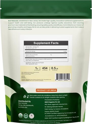 Best Naturals Certified USDA Organic Mucuna Powder, 227 Gram, Gluten Free, GMO Free, Vegan in Saudi Arabia