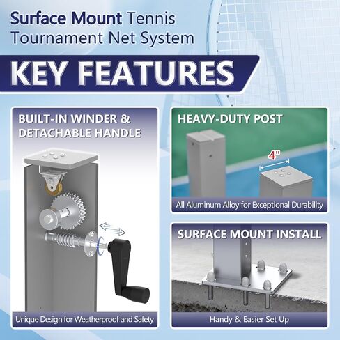 Surface Mount Tennis Net Posts with Heavy Duty Double-Layer Tennis Net, 4'' Square Aluminum Alloy Posts, Unique Built-in Winder Design, ITF Compliant, Sturdy and Durable in Saudi Arabia