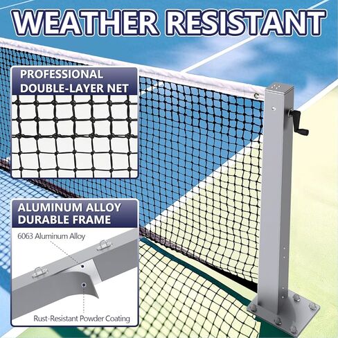 Surface Mount Tennis Net Posts with Heavy Duty Double-Layer Tennis Net, 4'' Square Aluminum Alloy Posts, Unique Built-in Winder Design, ITF Compliant, Sturdy and Durable in Saudi Arabia