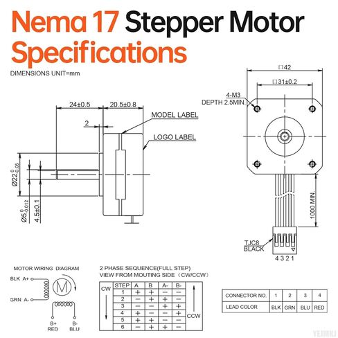 5Pack Nema 17 Stepper Motor 2 Phase 1.8‌°‌ 0.13Nm(18.41oz·in) High Torque Bipolar 21mm 1.0A 4.2Ω 4-Wire Shaft 24mm φ5mm 42 Stepper Motor Cable 1M for 3D Printer DIY Robot CNC Machine in Kuwait
