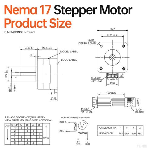 Nema 17 Stepper Motor 1.8‌°‌ 2 Phase High Torque 0.28Nm(39.65oz·in) Bipolar 42x28mm 1.6A 1.2Ω 4-Wire Shaft 24mm φ5mm 42 Stepper Motor Cable 1M for 3D Printer DIY Robot CNC Machine in Kuwait
