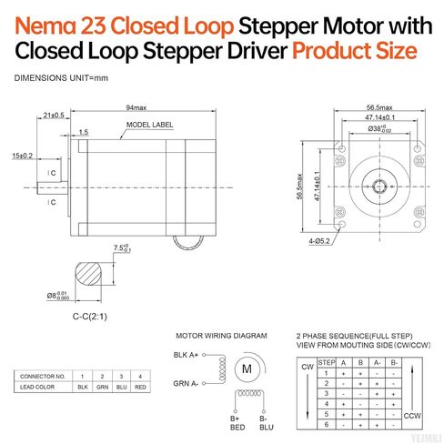 Nema 23 Closed Loop Stepper Motor with Integrated Closed Loop Stepper Driver 1.8‌°‌ 2 Phase 1.8Nm(254.9oz·in) High Torque Bipolar 0.45Ω 4.0A 94mm Cable 0.3M for CNC Mill Lathe in Kuwait