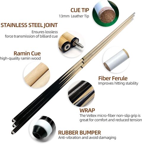 Stainless Steel Joint Billiard Cue - 13mm Leather Tip, Non-Slip Grip | Lossless Force Transmission Pool Cue for Pool Sticks for Beginners, Adults, Home & Bar 2-Piece Design Rod Weight 19Oz in Saudi Arabia