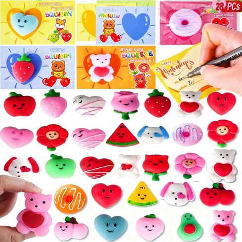 28 Packs Valentines Day Gift Cards with Cute Kawaii Mochi Squishy to Squeeze for Kids School Classroom Valentine’s Exchange Greeting Cards Party Favors, Stress Relief Fidget Toy in Kuwait