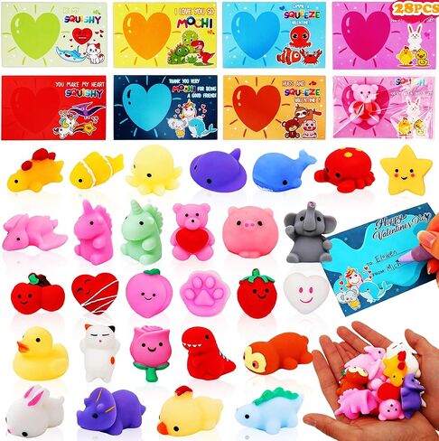 28 حزمة بطاقات هدايا يوم عيد الحب مع Kawaii Mochi Squishy لضغط من أجل الأطفال في مدرسة فالنتين فالنتين تبادل بطاقات الحفلات ، وتخفيف الإجهاد Toy Toy in Kuwait