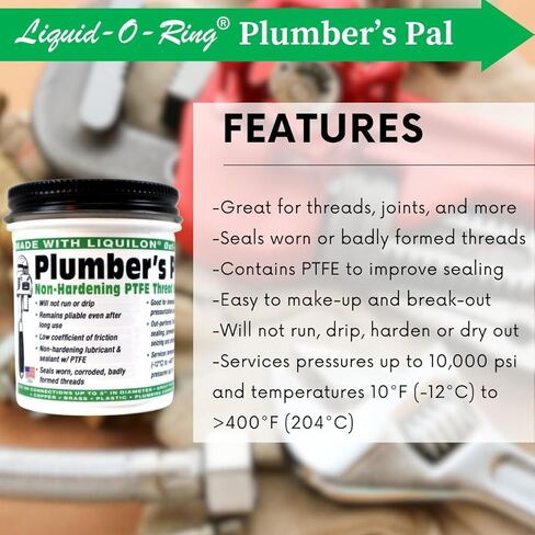 Plumber’s Pal Non-Hardening PTFE Thread Sealant Paste – Seals Worn Metal & Plastic Pipe Threads, High Temp & High Pressure (10,000 PSI), 5oz Brush Top Can, Made in USA in Kuwait