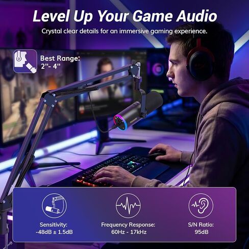 ميكروفون الألعاب الديناميكي TONOR، بث ميكروفون XLR/USB، إلغاء الضوضاء AI، RGB يمكن التحكم فيه، كتم الصوت، مقبس سماعة رأس 3.5 مم، التحكم في مستوى الصوت، ميكروفونو مع ذراع بوم، أسود، TD510 AIR S H+ in Kuwait