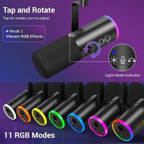 ميكروفون الألعاب الديناميكي TONOR، بث ميكروفون XLR/USB، إلغاء الضوضاء AI، RGB يمكن التحكم فيه، كتم الصوت، مقبس سماعة رأس 3.5 مم، التحكم في مستوى الصوت، ميكروفونو مع ذراع بوم، أسود، TD510 AIR S H+ in Kuwait
