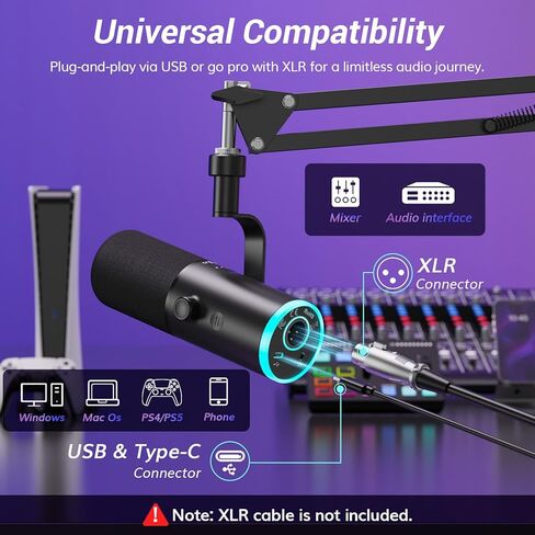 ميكروفون الألعاب الديناميكي TONOR، بث ميكروفون XLR/USB، إلغاء الضوضاء AI، RGB يمكن التحكم فيه، كتم الصوت، مقبس سماعة رأس 3.5 مم، التحكم في مستوى الصوت، ميكروفونو مع ذراع بوم، أسود، TD510 AIR S H+ in Kuwait