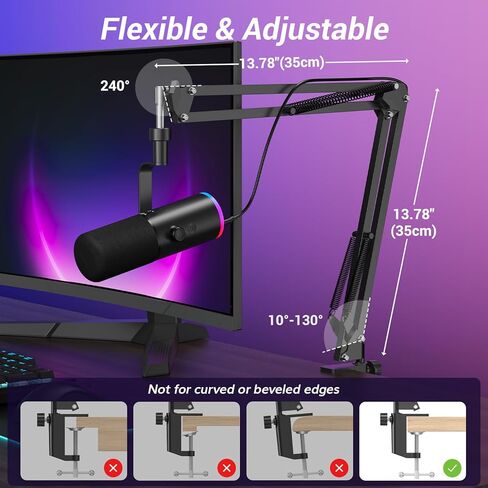 ميكروفون الألعاب الديناميكي TONOR، بث ميكروفون XLR/USB، إلغاء الضوضاء AI، RGB يمكن التحكم فيه، كتم الصوت، مقبس سماعة رأس 3.5 مم، التحكم في مستوى الصوت، ميكروفونو مع ذراع بوم، أسود، TD510 AIR S H+ in Kuwait