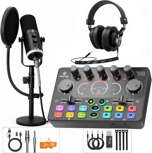 حزمة معدات البودكاست لشخصين، ميكروفون ألعاب ديناميكي XLR/USB وخلاط صوت متدفق مع أضواء RGB، مثالية للبودكاست والتسجيل وصوت الفيديو والكمبيوتر الشخصي in Kuwait
