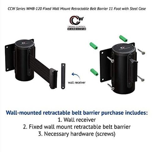 Crowd Control Warehouse - CCW Series WMB-120 Fixed Wall Mount Retractable Belt Barrier - 11 Foot, Black Belt with Black Steel Case, Crowd Control Barriers in Saudi Arabia