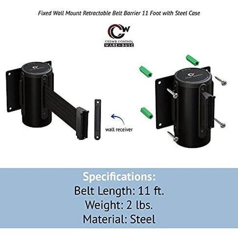 Crowd Control Warehouse - CCW Series WMB-120 Fixed Wall Mount Retractable Belt Barrier - 11 Foot, Black Belt with Black Steel Case, Crowd Control Barriers in Saudi Arabia