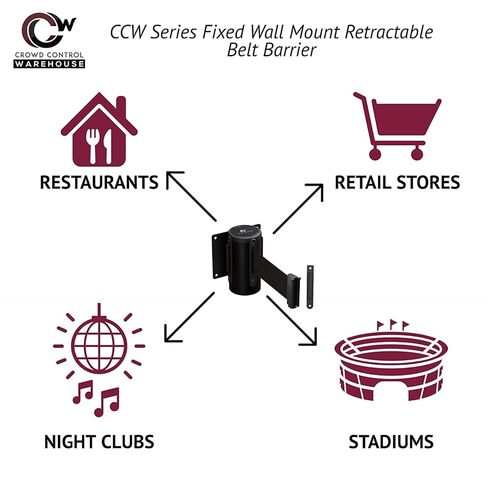 Crowd Control Warehouse - CCW Series WMB-120 Fixed Wall Mount Retractable Belt Barrier - 11 Foot, Black Belt with Black Steel Case, Crowd Control Barriers in Saudi Arabia