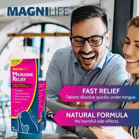 MagniLife لتخفيف الصداع النصفي، تشكيل غير معتاد، 90 قرصًا للمعالجة المثلية، دواء الصداع النصفي لحساسية الضوء والصوت، والغثيان، وعدم وضوح الرؤية والضغط، وتخفيف آلام الصداع سريع الذوبان in Kuwait