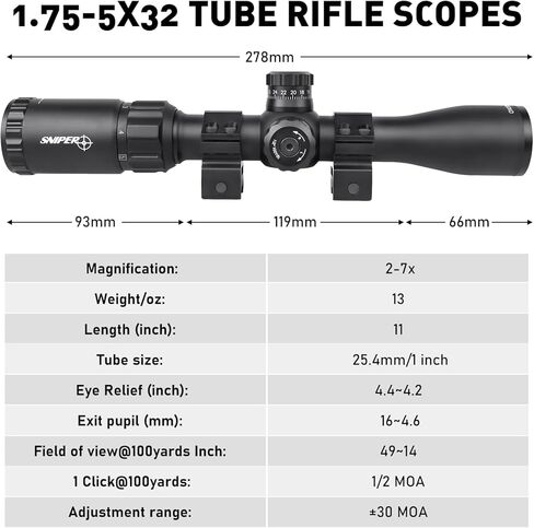 1.75-5x32MD Rimfire 1-inch Tube Rifle scopes Illumination in Red, Green, for Hunting Airsoft Shooting (1.75-5x32MD) in Saudi Arabia