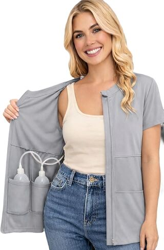 قميص USBD برقبة وهمية بعد استئصال الثدي بسحاب أمامي مع جيوب داخلية للتصريف - ملابس تعافي نسائية in Kuwait