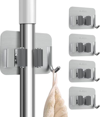 nacena 4 عبوات بدون حفر حامل ممسحة مكنسة ذاتية اللصق على الحائط مع خطافات، منظم عالي التحمل من الفولاذ المقاوم للصدأ لتخزين مرآب المطبخ والحمام، أسود in Kuwait