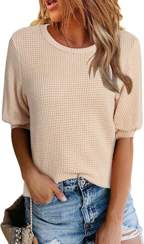 Dokotoo Womens Summer Tops 2024 Casual Crewneck Short Lantern Sleeve Blouse Waffle Knit Pullover Shirts in Kuwait