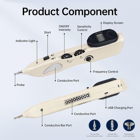 قلم ميريديان الإلكتروني للوخز بالإبر، أداة علاج نقاط الوخز الكهربائية لتخفيف الألم مع 3 رؤوس للتدليك، قابلة لإعادة الشحن in Kuwait