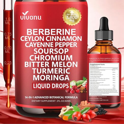 VivoNu Advanced Berberine & Cinnamon Drops – 14-in-1 Herbal Extracts with Chromium, Gymnema, Turmeric, Apple Cider Vinegar, Cayenne – 1800mg Potent Liquid Formula in Kuwait