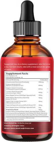 VivoNu Advanced Berberine & Cinnamon Drops – 14-in-1 Herbal Extracts with Chromium, Gymnema, Turmeric, Apple Cider Vinegar, Cayenne – 1800mg Potent Liquid Formula in Kuwait