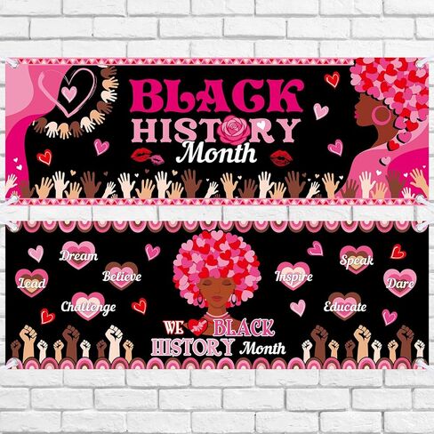Harloon 2 PCS Black History Month Banner 13.8 × 38.6 بوصة ديكورات التاريخ الأسود البوليستر الأمريكي من أصل أفريقي لشهر فبراير in Kuwait