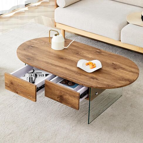 Coffee Table with Double Drawers. The Board Surface is MDF Sticker, and Both Sides are Transparent Tempered Glass. The Design is Simple and Elegant, with Excellent Storage Functions. RR in Saudi Arabia