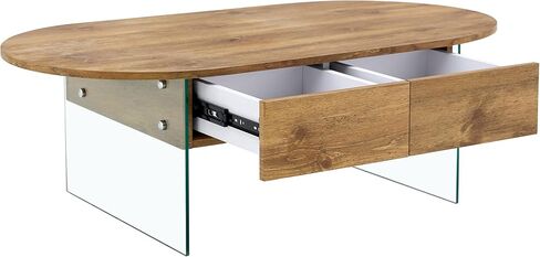 Coffee Table with Double Drawers. The Board Surface is MDF Sticker, and Both Sides are Transparent Tempered Glass. The Design is Simple and Elegant, with Excellent Storage Functions. RR in Saudi Arabia