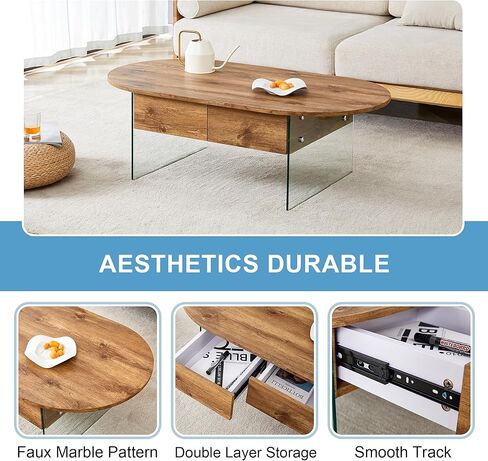 Coffee Table with Double Drawers. The Board Surface is MDF Sticker, and Both Sides are Transparent Tempered Glass. The Design is Simple and Elegant, with Excellent Storage Functions. RR in Saudi Arabia