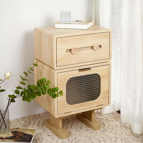 Natural Wood Robot Design Side Table with Rotating Top, Glass Cabinet Door, Storage Drawer, 15.75 x 11.75 x 25.75 Inches, MDF Construction in Saudi Arabia