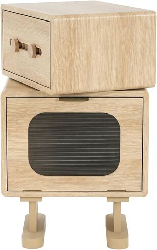 Natural Wood Robot Design Side Table with Rotating Top, Glass Cabinet Door, Storage Drawer, 15.75 x 11.75 x 25.75 Inches, MDF Construction in Saudi Arabia