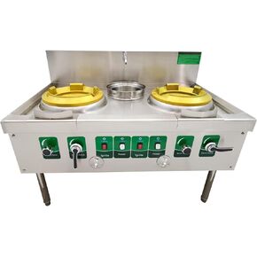Commercial Gas Wok Stove Double Head High Fire Stove Stainless Steel Wok Range Natural LPG Gas Cooker Commercial Kitchen Stove with Baffle and Water Basin 110V in Kuwait