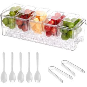 Chilled Condiment Server，Taco Bar Serving Set for Party，15.3" Condiment Serving Platters with 5 Separate Lids and Removable Compartments, Set of 5 Serving Spoons & 2 Clips (5 Containers, 1 pack) in Kuwait