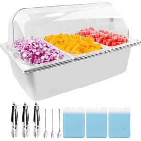 حاوية عرض تقديم الطعام على سطح الطاولة مع غطاء علوي شفاف، عرض بوفيه لوازم تقديم الطعام، محطة بوفيه بار سلطة مثالية للمنزل ومستلزمات تقديم الطعام، خادم بوفيه الطعام البارد (3 أوعية) in Kuwait