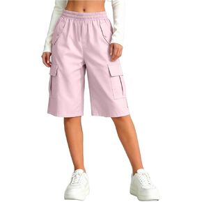 Girls' Cargo Shorts Summer Casual Elastic Waist Wide Leg Bermuda Shorts Kids Knee Length Athletic Pants with Pockets in Kuwait