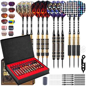 CHERAINTI Darts Metal Tip Set, 12 PCS Professional Steel Tip Darts for Dartboard with 20g 22g 24g Brass Barrels, 18 Aluminum Shafts, 36 Flights, 50 Rubber O-Rings, Sharpener Tool Kit and Gift Box in Kuwait