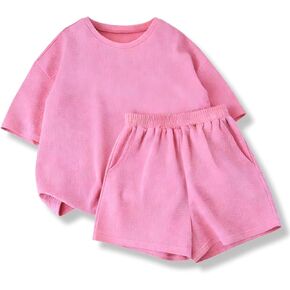 Size 6-12 Years Girl's Tracksuit Sets 2 Piece Outfits Letter Print Vacation Tee Top and Drawstring Waist Shorts in Kuwait