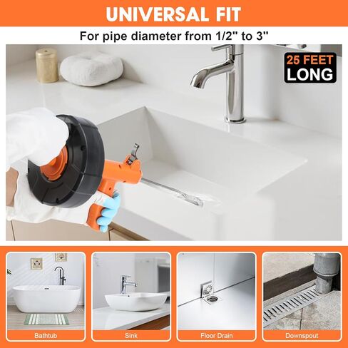 Drain Snake, Drain Auger with Drill Attachment, 25 Feet Plumbing Snake Auto Feed Flexible Hair Drain Clog Remover for Kitchen, Bathrom and Shower Sink with Gloves in Kuwait