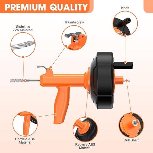 Drain Snake, Drain Auger with Drill Attachment, 25 Feet Plumbing Snake Auto Feed Flexible Hair Drain Clog Remover for Kitchen, Bathrom and Shower Sink with Gloves in Kuwait