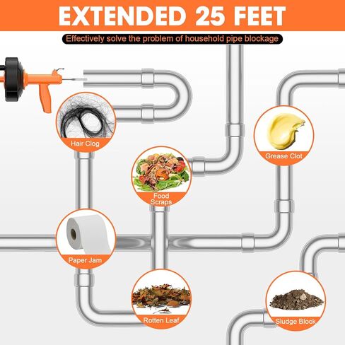 Drain Snake, Drain Auger with Drill Attachment, 25 Feet Plumbing Snake Auto Feed Flexible Hair Drain Clog Remover for Kitchen, Bathrom and Shower Sink with Gloves in Kuwait